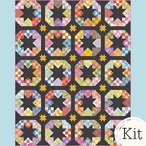 May include: A colorful quilt kit featuring a repeating pattern of dark gray octagons with star-shaped centers. The octagons are filled with patchwork squares in various colors, including pink, yellow, blue, and orange. Gold star accents are placed between the octagons. The word "Kit" is in a white circle.