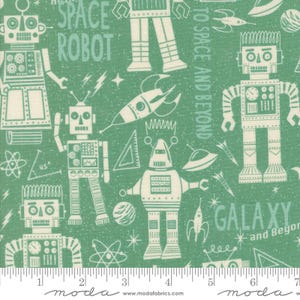May include: A teal fabric with a repeating pattern of retro robots, rockets, and space-themed elements. Text includes "SPACE ROBOT", "TO SPACE AND BEYOND", and "GALAXY and Beyond". The design features a ruler along the bottom edge.