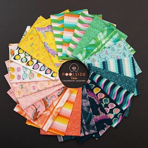 May include: A circular arrangement of colorful fabric squares with various patterns, including sunglasses, tigers, and tropical leaves. The fabrics are in shades of yellow, pink, green, and blue. The center features a black circle with the text "Poolside too Collaborative Collection."