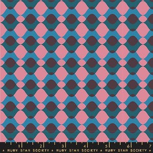 May include: A fabric with a repeating wavy pattern in shades of pink, teal, and brown. The design features overlapping, elongated oval shapes. The bottom of the image has a ruler with the text "RUBY STAR SOCIETY".