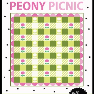 May include: A quilt pattern titled "Peony Picnic" with a gingham design in green, white, and pink. The quilt features floral motifs and is 61" x 61" when finished. The difficulty level is indicated by four stars.