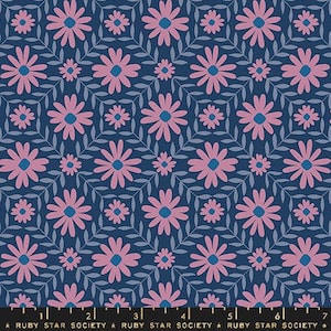 May include: A seamless fabric pattern featuring a repeating design of pink stylized flowers on a dark blue background.