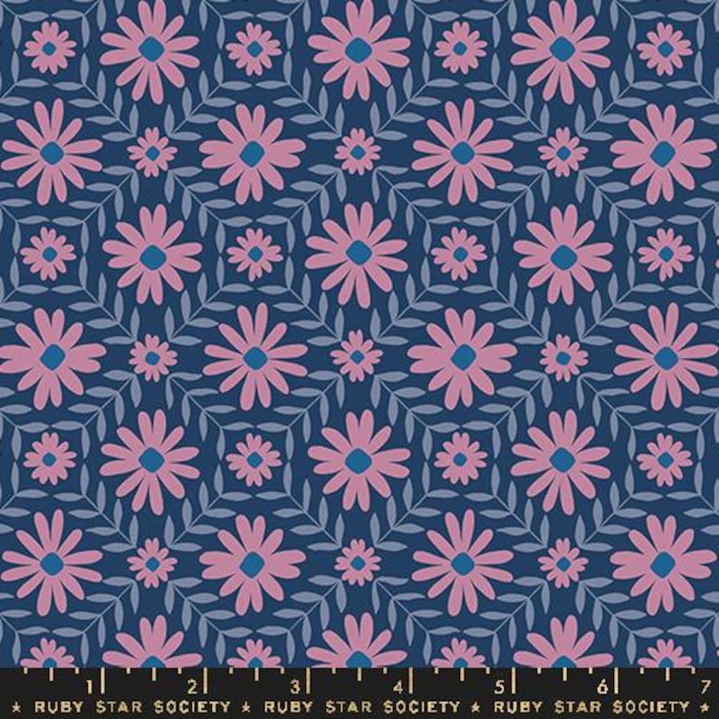 May include: A seamless fabric pattern featuring a repeating design of pink stylized flowers on a dark blue background.