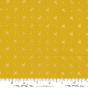 May include: Yellow fabric with a white crosshatch pattern. The fabric is a quilting cotton and has a subtle texture.