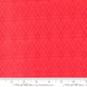 May include: Red fabric with a geometric pattern of thin, white lines forming triangles and diamonds. The fabric is shown with a ruler that reads "moda" and "www.modafabrics.com".