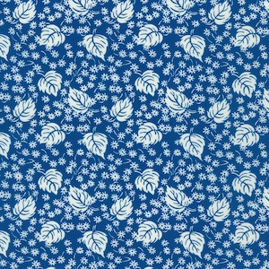 May include: A blue fabric with a white floral pattern. The pattern features small white flowers and larger white leaves.