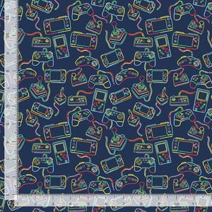 May include: Dark blue fabric with a repeating pattern of retro video game controllers and handheld consoles outlined in neon colors. The design includes joysticks, gamepads, and portable gaming devices.