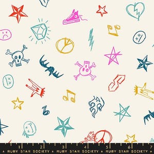 May include: A white background with a repeating pattern of colorful hand-drawn doodles. The doodles include stars, hearts, skulls, lightning bolts, musical notes, peace signs, and other abstract shapes.