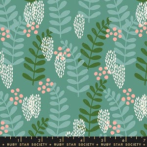 May include: A teal fabric with a repeating pattern of stylized leaves and berry clusters. The leaves are in shades of green and gray, while the berries are pink and white. The fabric is from Ruby Star Society.
