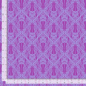 May include: A repeating pattern fabric in shades of purple and lavender. The design features stylized dress forms, flowers, and other decorative elements. The fabric is measured in inches.