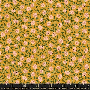 May include: Mustard yellow fabric with a repeating pattern of pink roses and green leaves on dark green stems. The fabric has a floral design. The text "RUBY STAR SOCIETY" is printed at the bottom of the image.
