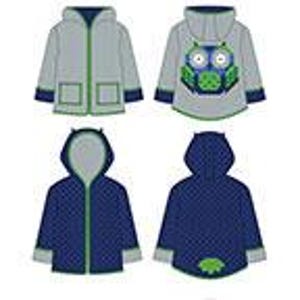 May include: A pattern sheet for a child's coat, featuring four different coat designs. The coats are in shades of gray and navy blue, with green and blue accents. The text "LITTLE OWL COAT" is at the top, with the brand names "SOUND CO." and "WORTHY DESIGN STUDIO" at the bottom.