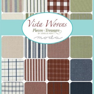 May include: A collection of 16 fabric swatches featuring various patterns and colors, including stripes, gingham, and polka dots. The fabric swatches are arranged in a grid pattern and labeled "Vista Wovens Pieces to Treasure by Jenelle Kent moda".