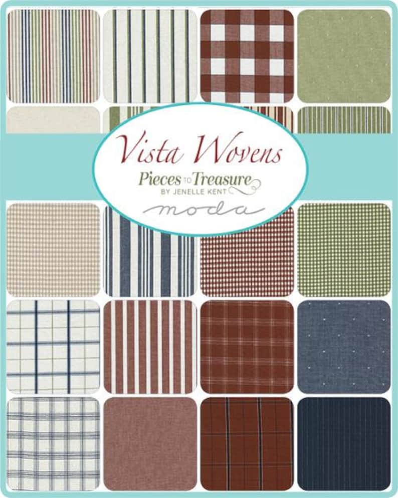 May include: A collection of 16 fabric swatches featuring various patterns and colors, including stripes, gingham, and polka dots. The fabric swatches are arranged in a grid pattern and labeled "Vista Wovens Pieces to Treasure by Jenelle Kent moda".