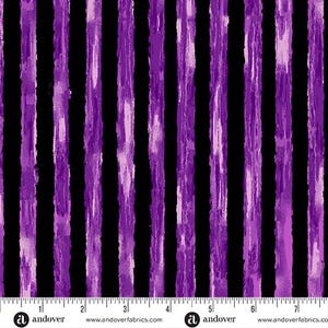 May include: Fabric with a vertical stripe pattern. The stripes alternate between black and purple. The purple stripes have a textured, brushstroke appearance. The fabric is suitable for various sewing and crafting projects.
