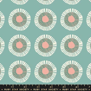 May include: A repeating pattern of stylized floral designs on a teal background. Each flower has a pink center, surrounded by concentric rings of white and gray lines. The text "RUBY STAR SOCIETY" is at the bottom.