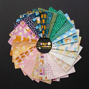 May include: A circular arrangement of fabric swatches with various patterns, including polka dots, gingham, and food-themed designs. The color palette includes pink, blue, green, and yellow. The center features the text "Egg and Friends".