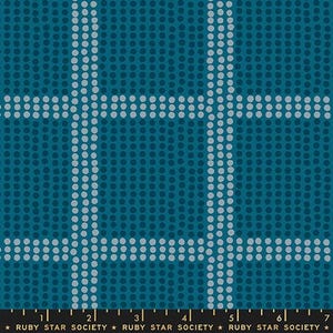 May include: Teal fabric with a grid pattern composed of small, light gray dots. The background is a darker teal, and the grid lines are formed by rows of light gray dots. The bottom of the image has text that reads "RUBY STAR SOCIETY".