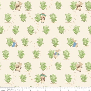 May include: A repeating pattern featuring illustrations of rabbits, lettuce, and footprints on a cream-colored background. The rabbits are depicted in various poses, some wearing blue jackets, and the lettuce is a vibrant green.