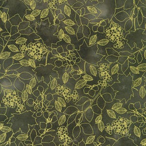May include: Dark green fabric with a gold floral pattern. The design features outlines of leaves, berries, and branches. The background has a mottled appearance, creating a textured look. The overall design is a repeating pattern.