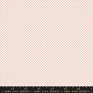 May include: A white fabric with a repeating pattern of small pink dots. The fabric has a subtle texture and a soft, slightly off-white background.