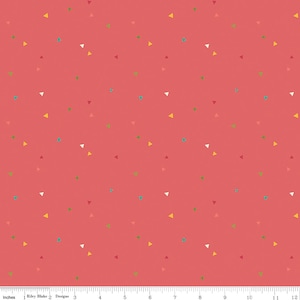 May include: A coral pink fabric with a repeating pattern of small, colorful triangles. The triangles are in shades of red, orange, yellow, green, blue, and white.
