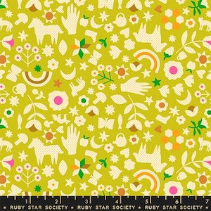 May include: A fabric with a repeating pattern of whimsical illustrations in cream, green, pink, orange, and brown. The design includes hands, flowers, horses, rainbows, and stars. The fabric is a vibrant, cheerful design.