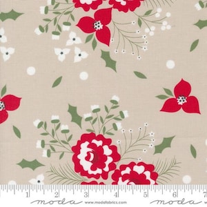 May include: Beige fabric with a white and red floral pattern. The pattern features poinsettia flowers, holly leaves, and small white flowers. The fabric is perfect for crafting and sewing projects.