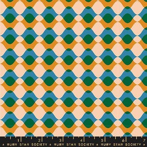 May include: A repeating pattern of overlapping wave shapes in shades of peach, teal, green, and gold. The design is symmetrical and creates a sense of movement. The bottom of the image has a ruler and the text "RUBY STAR SOCIETY".