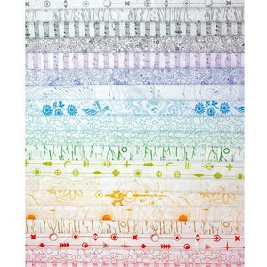 May include: A collection of fabric strips arranged in a rainbow gradient. Each strip features a unique pattern in a corresponding color, including musical notes, floral designs, and geometric shapes. The fabrics are white with colorful designs.