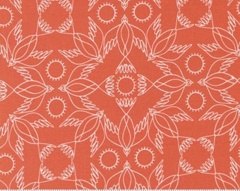May include: A red fabric with a white geometric pattern of stylised birds and sunbursts. The fabric is 1/2 yard wide and features the text "moda" and "www.modafabrics.com".
