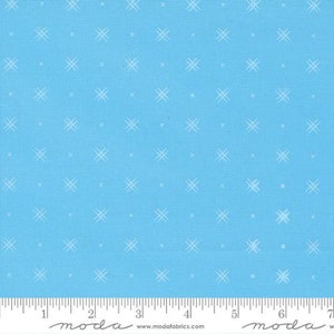 May include: A light blue fabric with a white crosshatch pattern. The fabric is textured and has a subtle sheen. The fabric is shown with a ruler in inches.