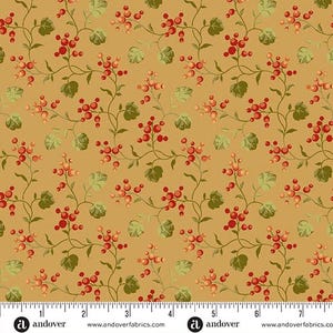 May include: Fabric with a repeating pattern of red berries and green leaves on a tan background. The design features winding stems and clusters of berries, creating a natural, botanical theme. The fabric has a vintage, floral aesthetic.