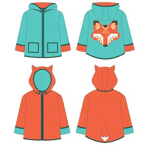 May include: Two views of a teal hooded jacket with a fox face design on the back. Two views of a red hooded jacket with a fox tail design on the back. Both jackets have a zipper closure and pockets.