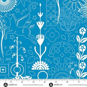 May include: White line art design on a turquoise blue background. The design features a variety of abstract shapes, including flowers, stars, and geometric patterns. The design is repeated throughout the fabric.