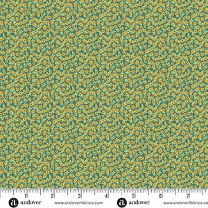 May include: Teal fabric with a repeating pattern of small yellow flowers. The fabric is shown with a ruler measuring 7 inches.