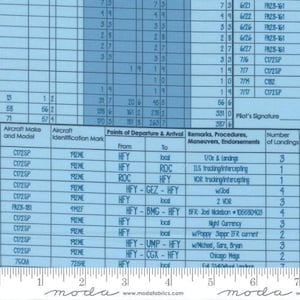 May include: Light blue fabric with a detailed aviation-themed print. The design features columns of text with headings like "Aircraft Make and Model" and "Points of Departure & Arrival." The fabric is from Moda Fabrics.
