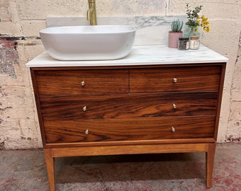 UNIFLEX  | Mid-Century | Bathroom Vanity Including Solid Laminate White Marble Worktop | Vintage Modern / Retro / Danish Style