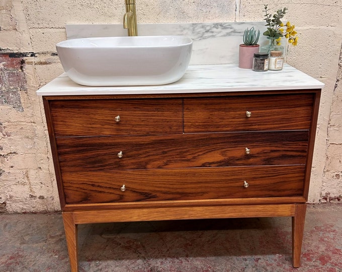 NOW SOLD | UNIFLEX | Mid-Century | Bathroom Vanity Including Solid Laminate White Marble Worktop | Vintage Modern / Retro / Danish Style