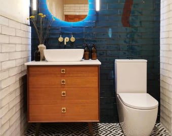 G-PLAN | FORM FIVE |  Bathroom Vanity Including Quartz Worktop & Tapered Legs | Mid Century Cabinet