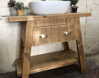 POLPERO | Handmade  Quebec Pine Furniture | Bathroom Vanity Unit With Storage | Rustic Basin Unit | Natural Wood Bathroom Wash Stand