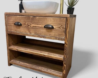WOOLWICH | Handmade Solid Redwood Pine Furniture | Bathroom Sink Unit With Storage | Rustic Basin Unit | Natural Wood Bathroom Vanity Unit