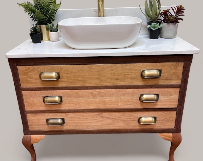 VINTAGE 182 | IN STOCK | Fully Restored Vintage Chest of Drawers | Bathroom Vanity | Vintage Mahogany And Oak Vanity | Mahogany and Oak Unit