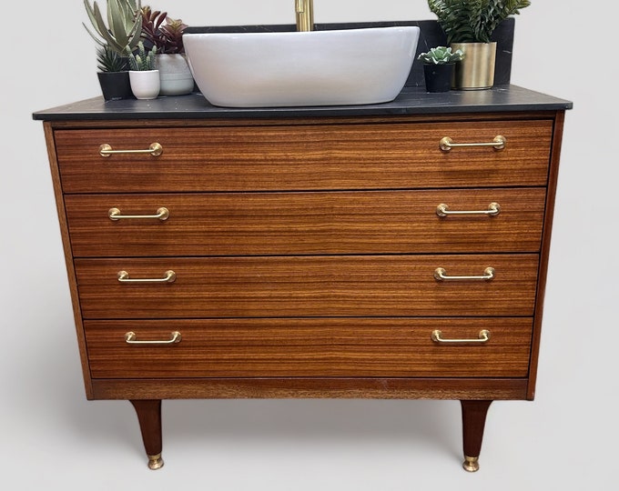 NOW SOLD  | Mid-Century | Tola Bathroom Vanity Including Solid Laminate Black Marble Worktop