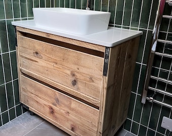 WIMBLEDON | Handmade Bathroom Furniture | Handle-less Bathroom Vanity Unit | Rustic Unit | Basin Unit With Storage | Natural Wood Basin Unit