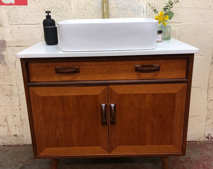 G-PLAN | Mid-Century | Sierra Bathroom Vanity Including Quartz Worktop & Wooden  Tapered Legs