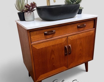 G-PLAN SIERRA | Mid-Century Bathroom Vanity Including Quartz Worktop & Wooden Tapered Legs