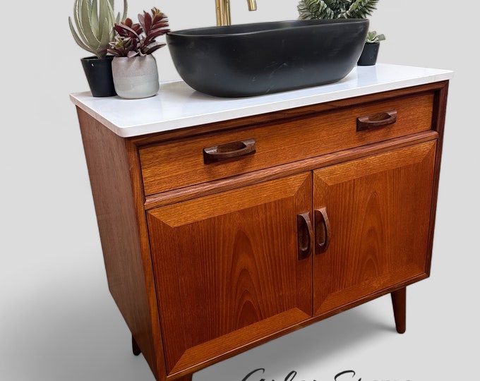 Featured listing image: G-PLAN SIERRA | Mid-Century Bathroom Vanity Including Quartz Worktop & Wooden Tapered Legs