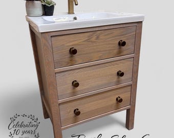 LUDLOW | Classic Oak 3 Drawer Chest including Modern Ceramic Basin | Solid Oak Drawers | Solid Oak Bathroom Furniture | Solid Oak