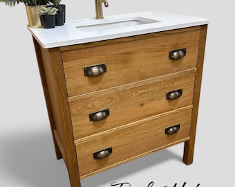 LEDBURY 2 | Including Prestbury or Alderley Under-Mounted Basin | Classic Oak 3 Drawer Chest | Solid Oak | Oak Bathroom Furniture